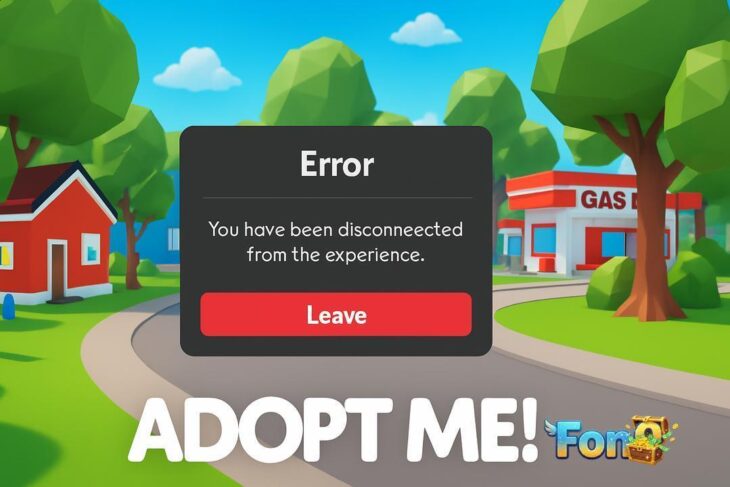 Aviso de erro de desconexão com botão Leave sobre um bairro colorido, com o título Adopt Me! embaixo