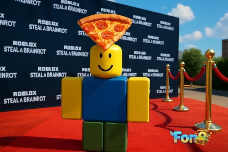 Avatar clássico do Roblox com uma fatia de pizza na cabeça num tapete vermelho, diante de painel Roblox Steal a Brainrot