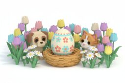 Ovo decorado com flores num ninho de palha entre tulipas, com um cachorrinho e um gatinho em blocos ao lado