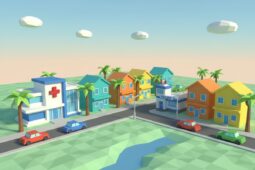 Rua de cidade em blocos com casas coloridas, hospital, delegacia e carros, vista de cima