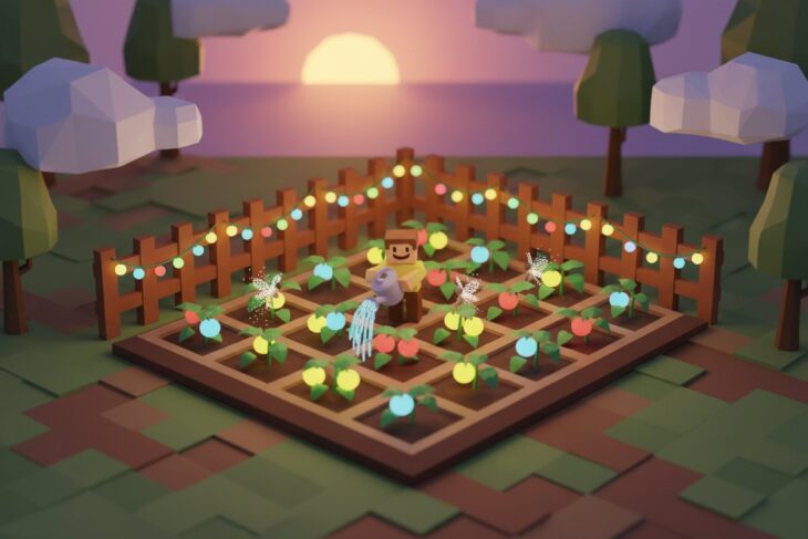 Personagem em blocos regando uma horta cercada, com fadinhas brilhando e varal de luzes ao pôr do sol