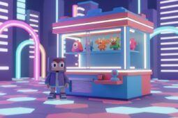 Máquina de trocas com bonecos de criaturas na vitrine, numa praça de neon, e um personagem em blocos olhando