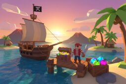 Pirata em blocos num cais com baú de tesouro, navio e caixote de frutas brilhantes numa ilha ao pôr do sol